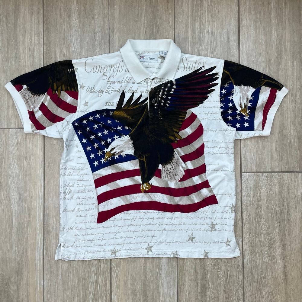 American Summer Eagle USA Flag Patriotic Polo Shirt Mens Large All Over Print